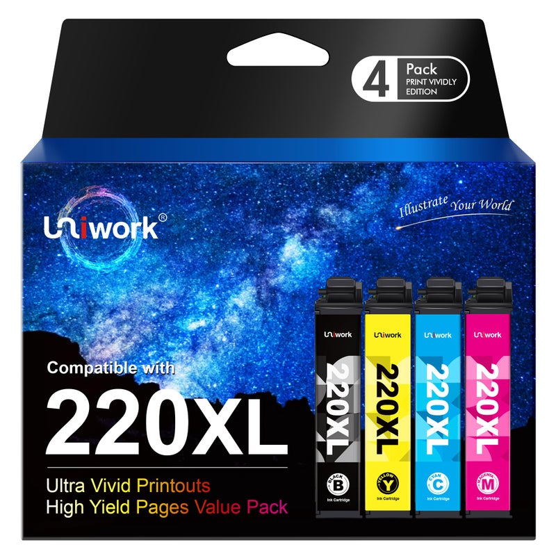 Uniwork Remanufactured 220 220XL Ink Cartridge Replacement for Epson 220XL use for Workforce WF-2760 WF-2750 WF-2630 WF-2650 WF-2660 XP-320 XP-420 Printer (1 Black 1 Cyan 1 Magenta 1 Yellow), 4 Pack - Image 1